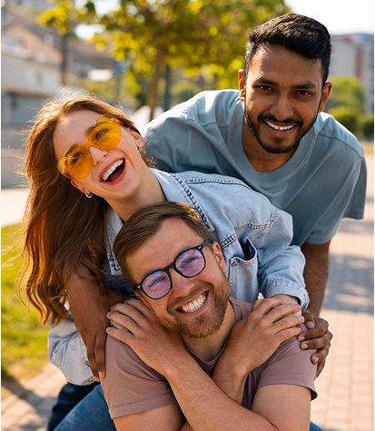 Three friends, two men and one woman, smiling and stacked in a playful pose outdoors on a sunny day.