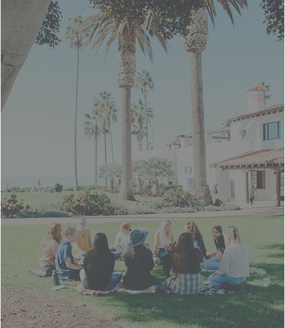A group of people sit in a circle on the grass in a sunny park with palm trees and a white building in the background.