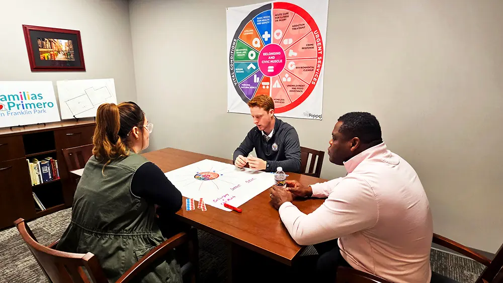 Three people sit around a table discussing a colorful chart, with a similar chart displayed on the wall behind them in an office setting.