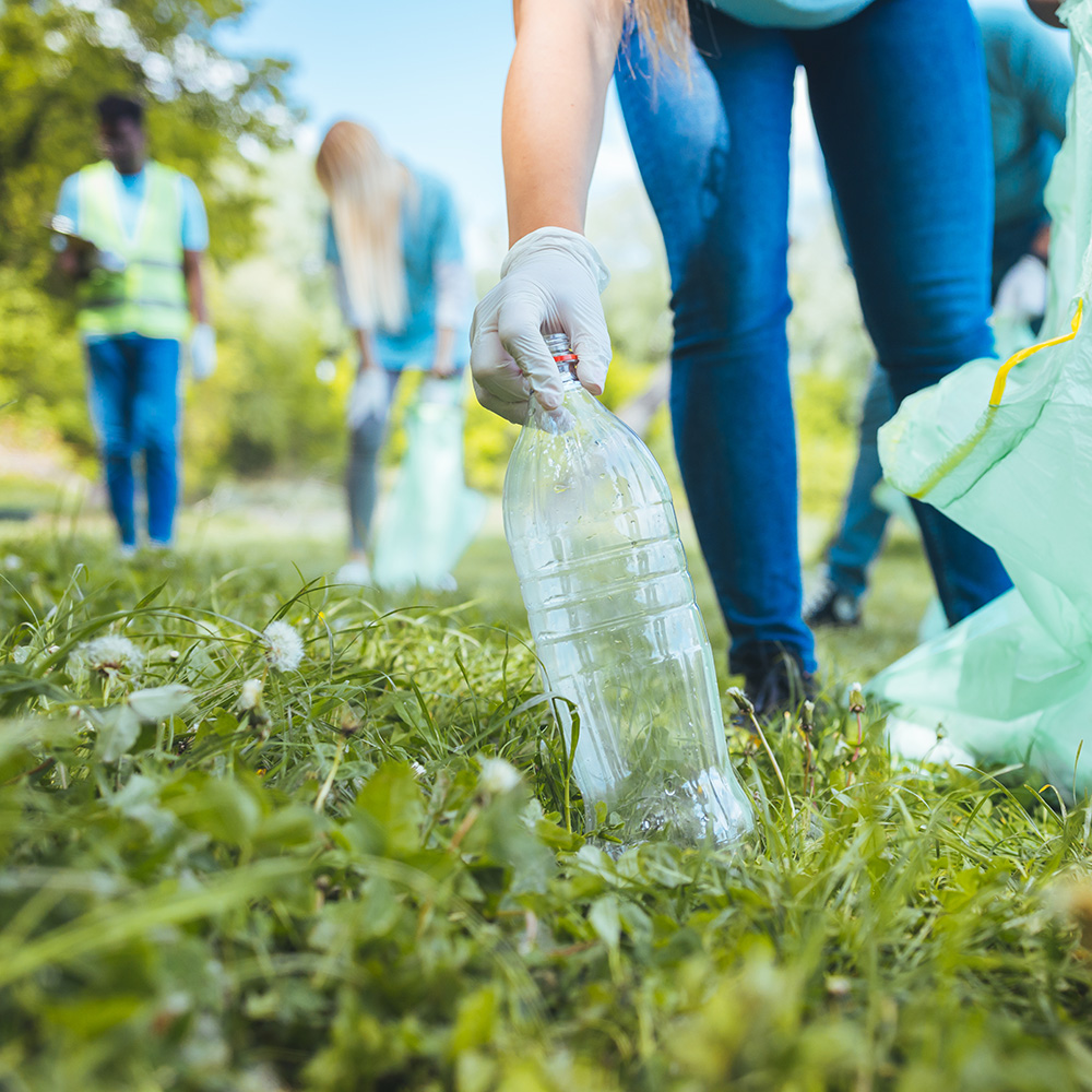 A group of people picking up plastic bottles in a park.