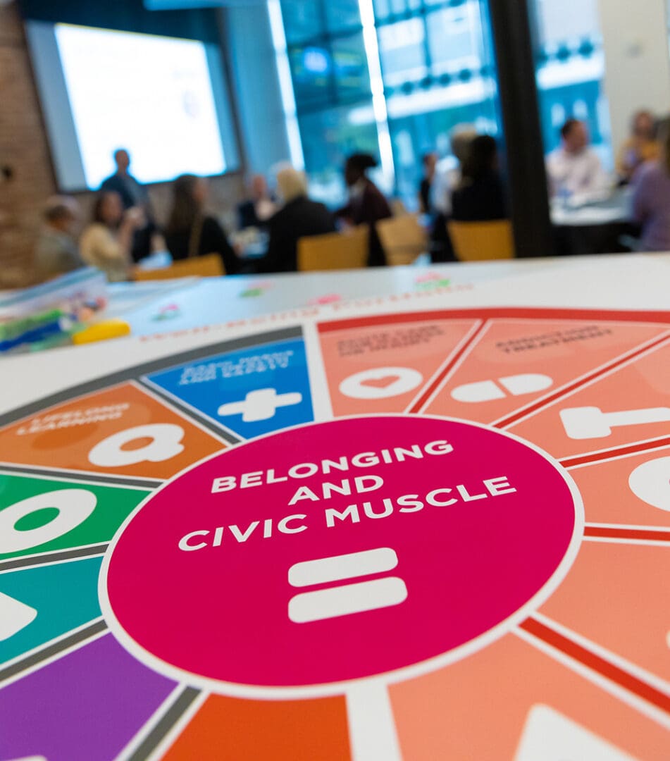 Close-up of a colorful circular diagram labeled "belonging and civic muscle" on a table at a public engagement workshop with blurred attendees in the background.