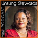 Portrait of a person smiling, dressed in a red outfit with a gold necklace, with the text "Unsung Stewards" and "Podcast" along with the "Rethink Health" logo.