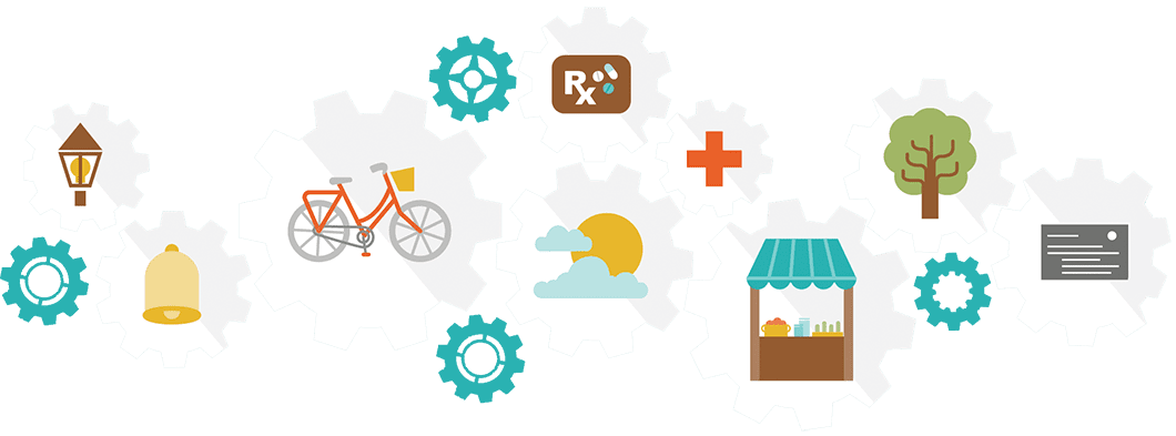 An illustration of various icons, including a lamp, bell, bicycle, pharmacy symbol, medical cross, sun behind clouds, tree, market stall, and document, arranged in a circular pattern with a light blue gear-like background.